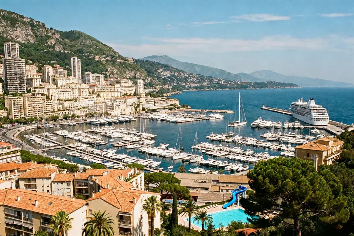 Street and architecture: An elevated wide view of the Monaco harbour from a hillside. In the centre, hund
