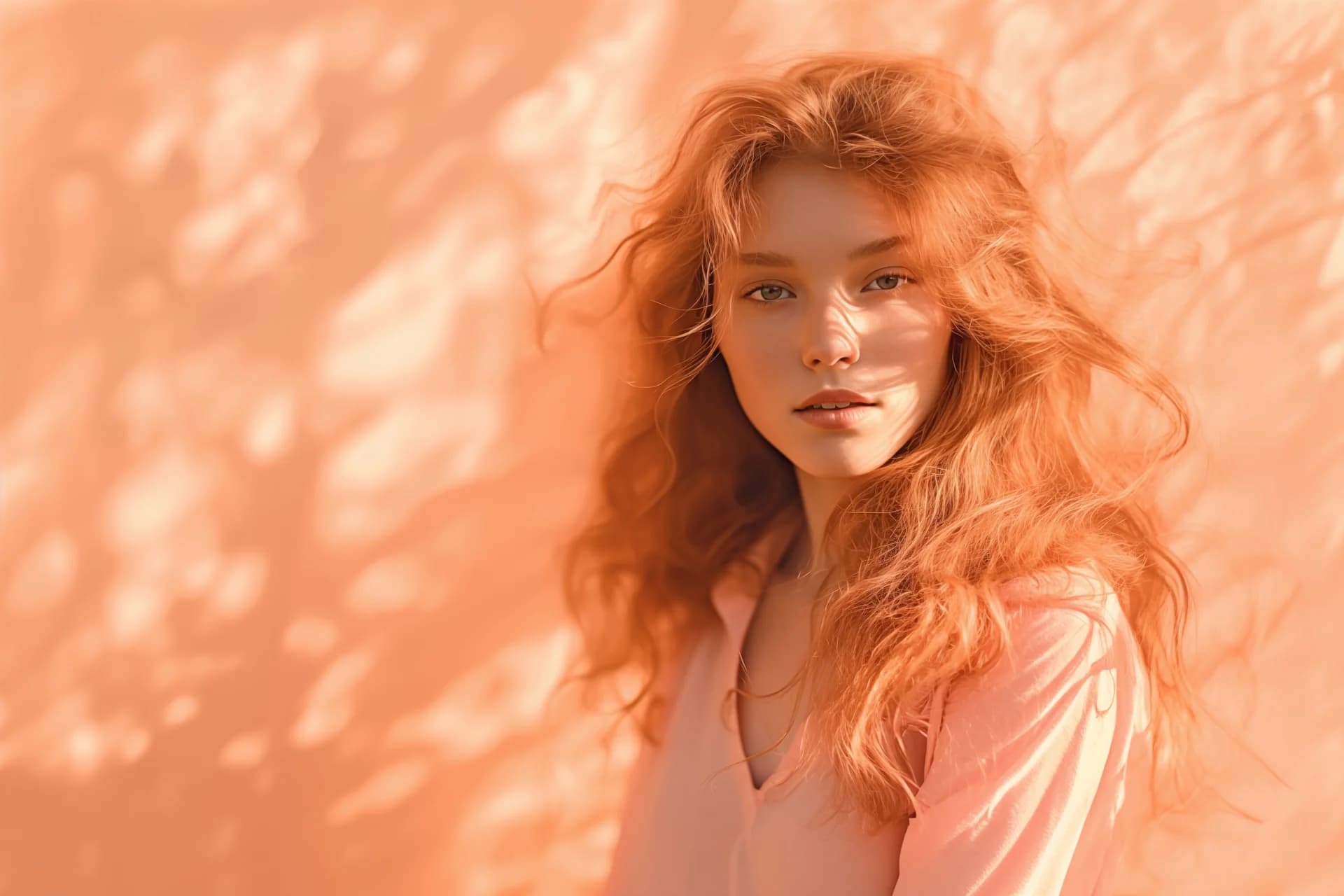 Redhead woman by pink wall