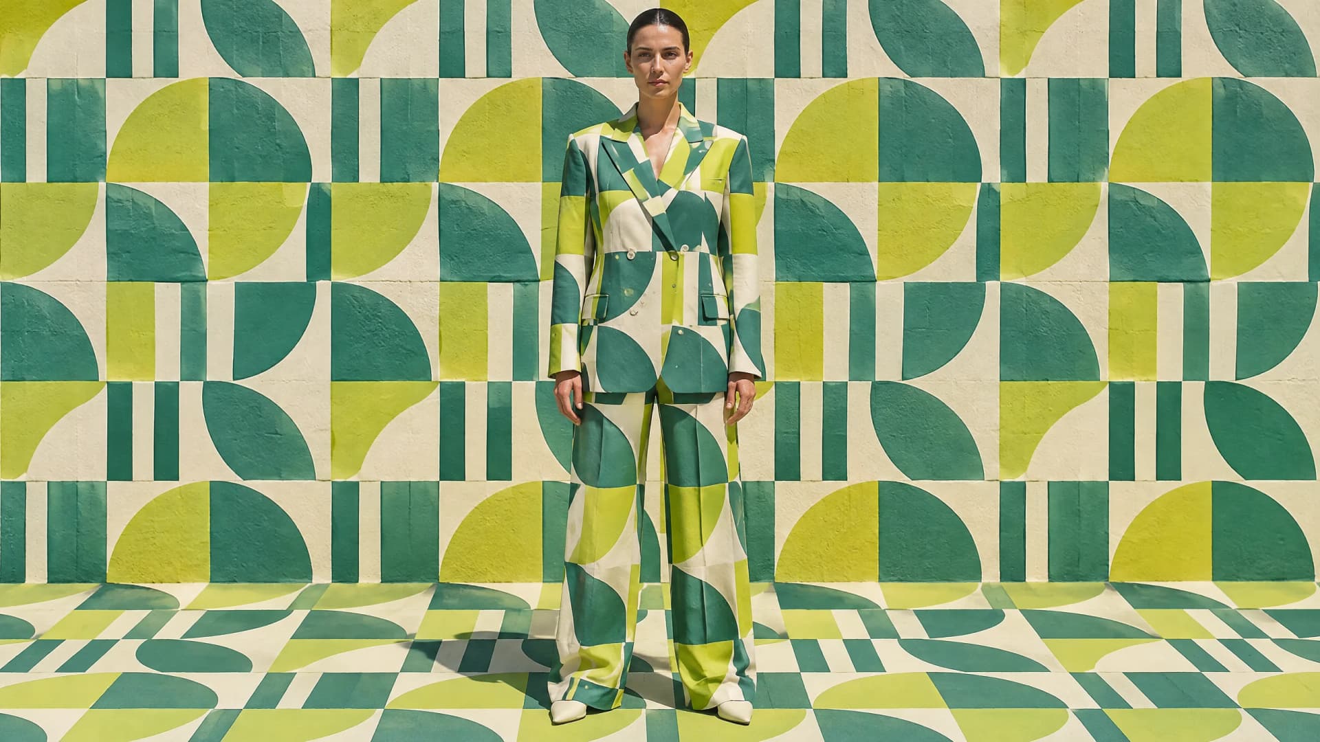 Woman in a patterned suit blending into a wall with the same seamless pattern