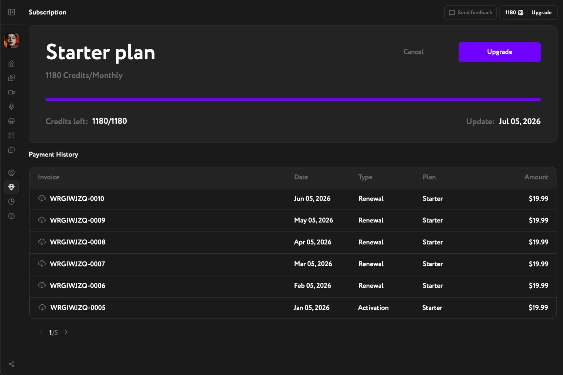 Workroom Subscription page showing an active Starter plan with monthly credits, progress bar, and Payment History