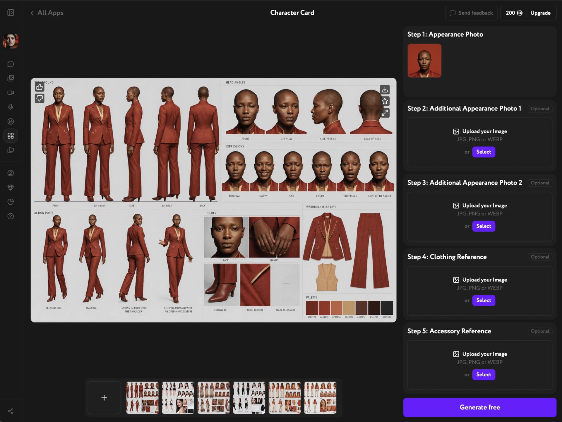 Completed character reference sheet with turnaround, head angles, expressions, poses, wardrobe, and palette