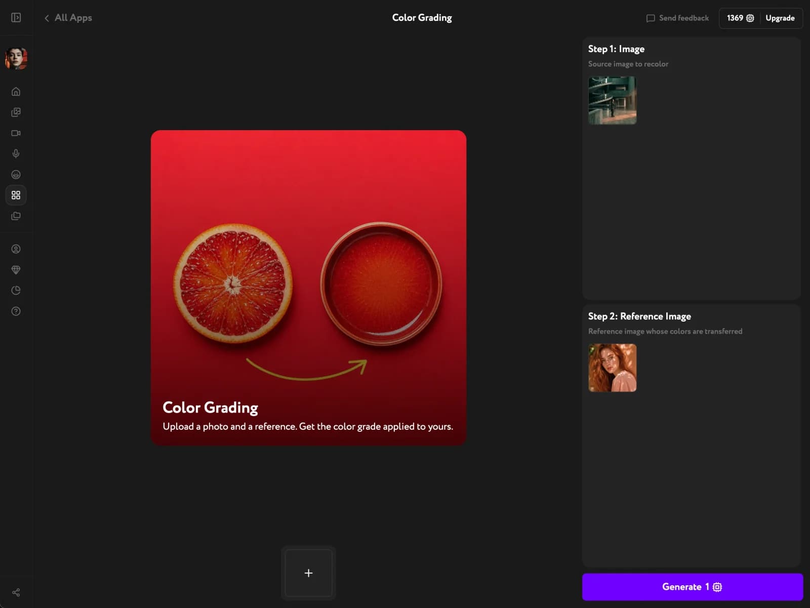 Color Grading interface with a source image in Step 1 and a warm portrait reference in Step 2