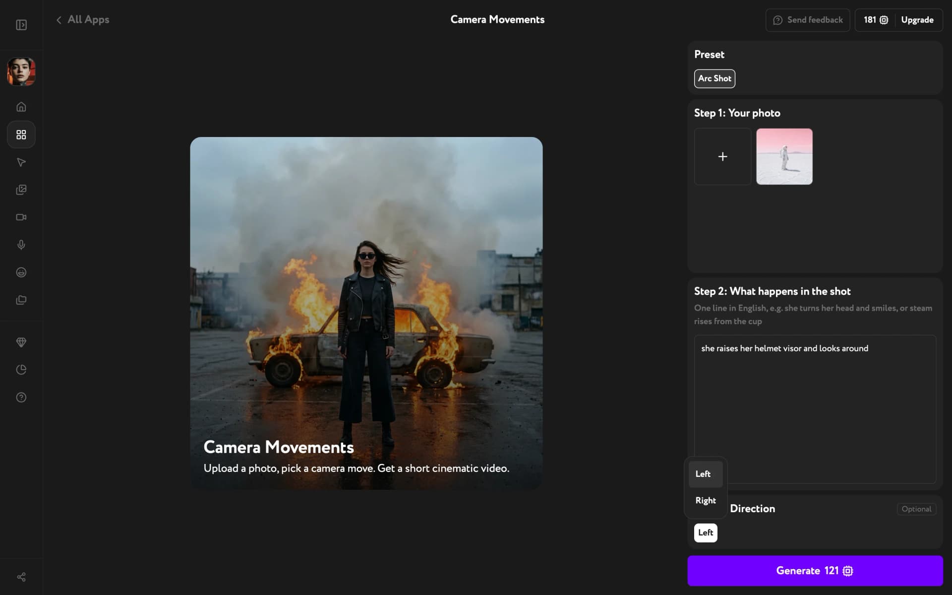 Camera Movements panel with an uploaded image, a one-line scene description, and the Direction list open with Left and Right