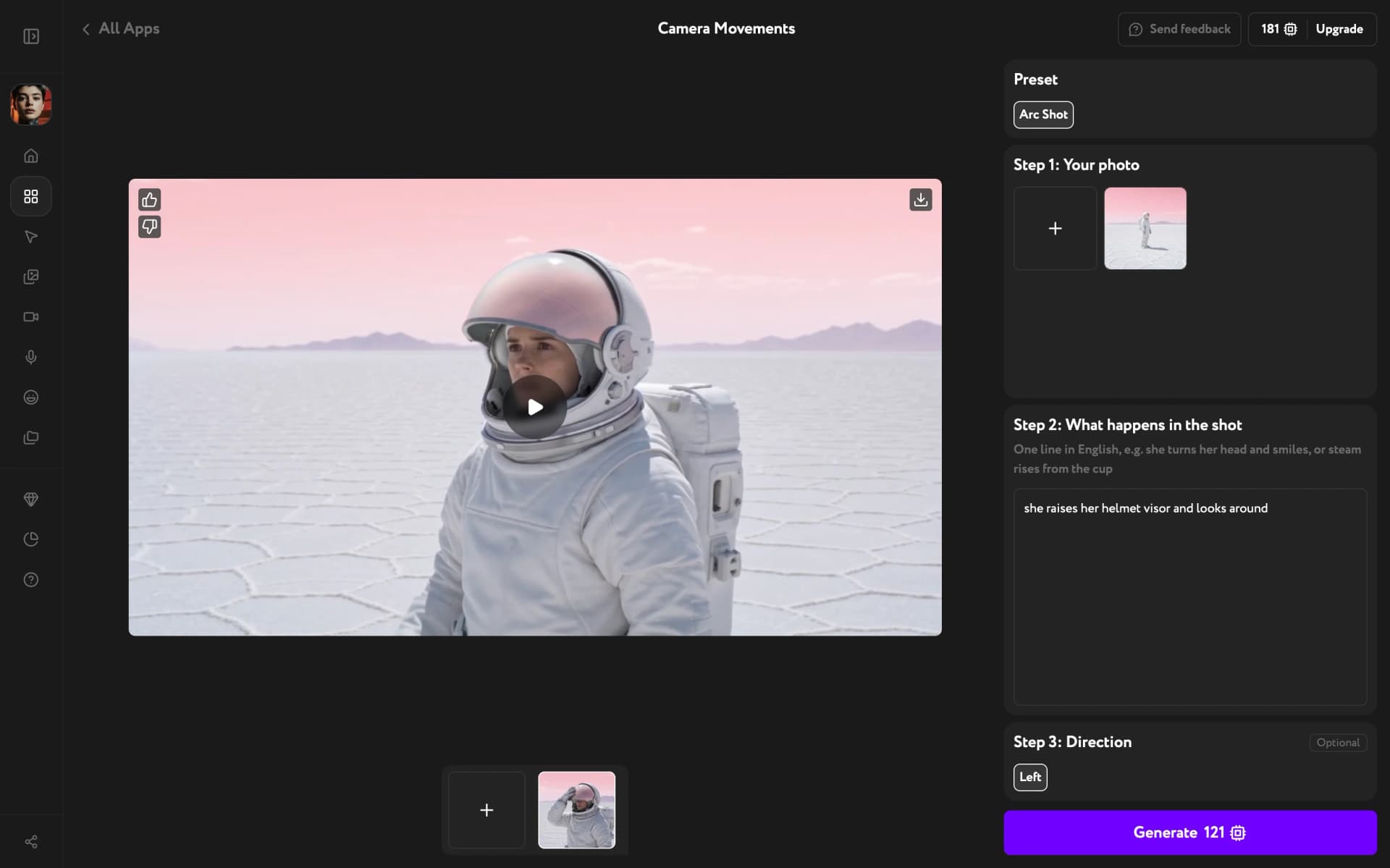 Generated arc shot of an astronaut on a salt flat, with the source image, scene description, and direction in the panel