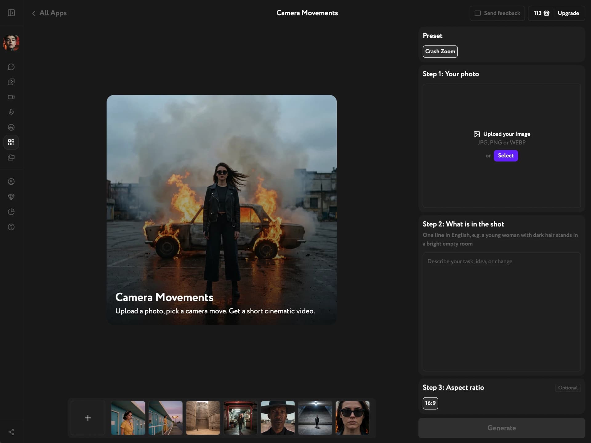 Camera Movements app with the Crash Zoom preset selected and the Your photo upload panel