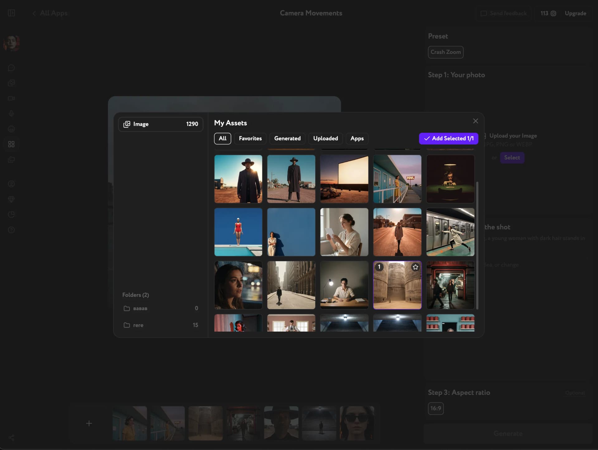My Assets picker with library images filtered by All, Favorites, Generated, Uploaded, and Apps