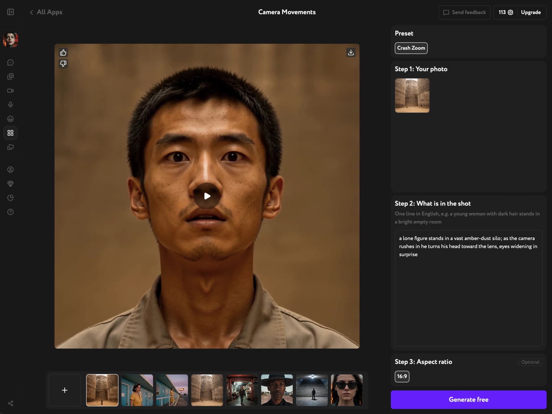 Generated crash zoom result — a tight close-up on the subject's face, with the source photo and shot description in the panel