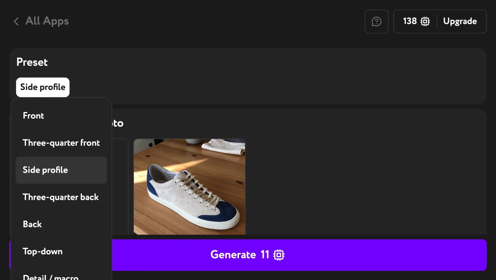 Preset dropdown open with eight angles listed and a sneaker photo uploaded in Step 1