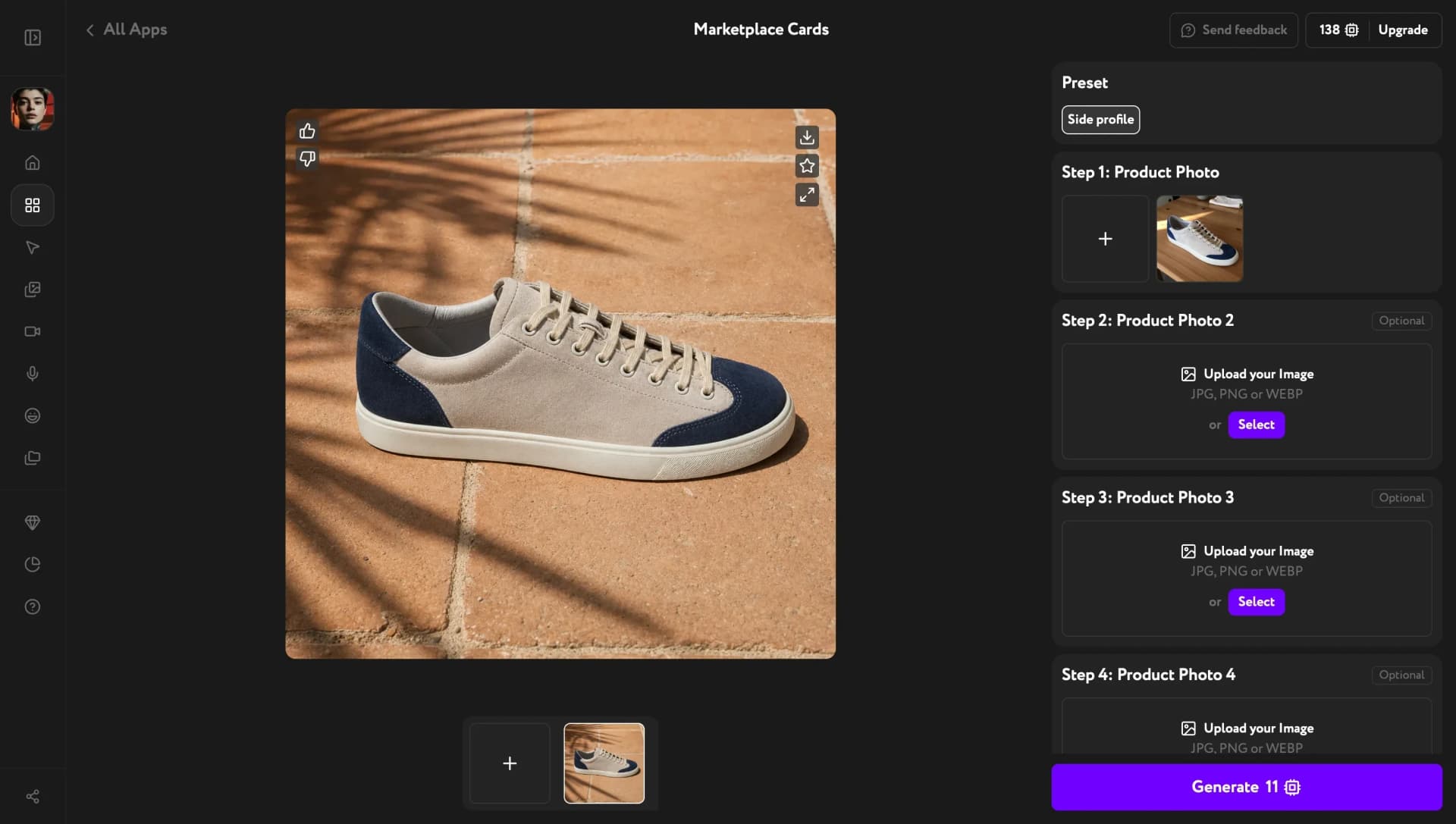 Generated side profile shot of a sneaker on terracotta tiles, with the uploaded product photo in Step 1