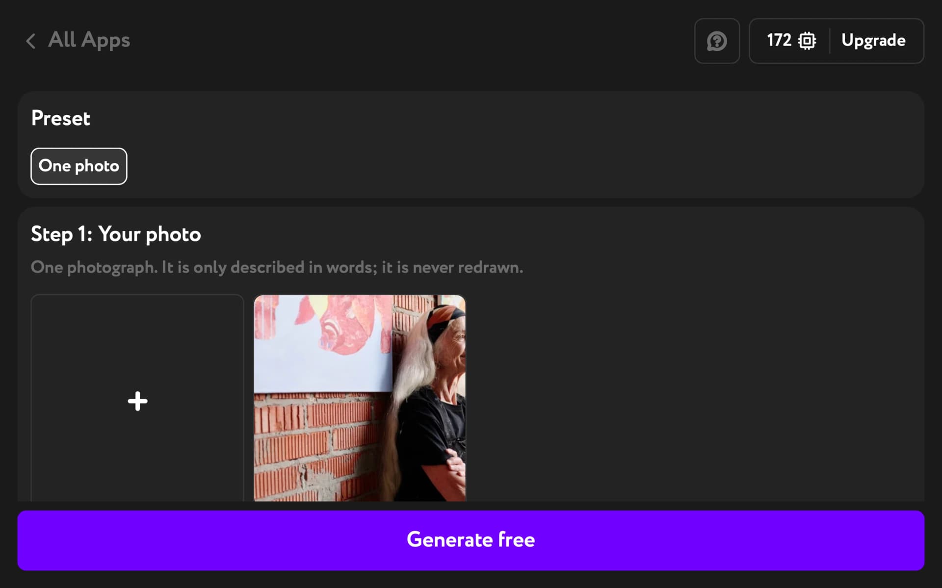 Your photo panel with an uploaded photo, ready to generate