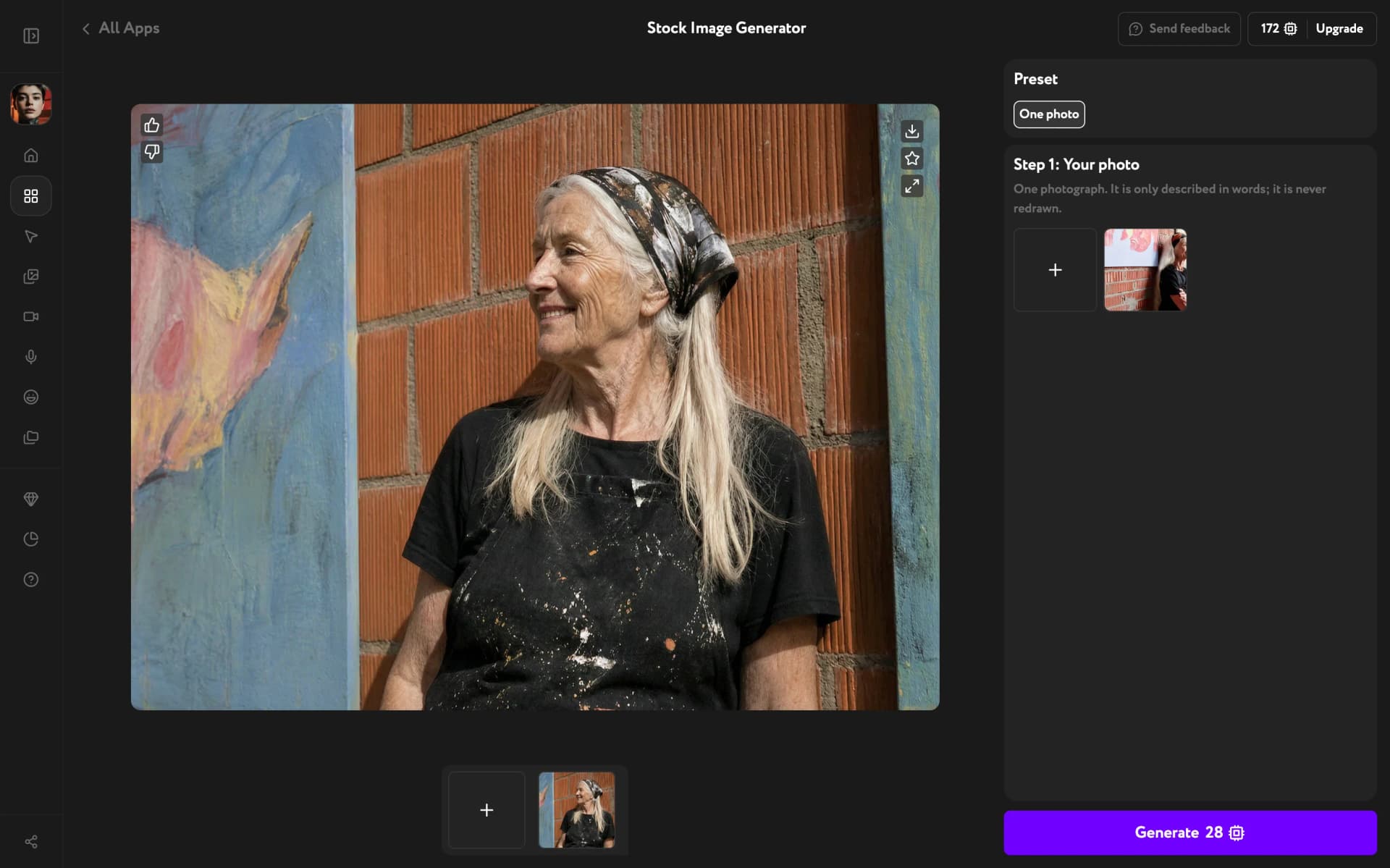 Generated stock image of the same scene, with download and feedback controls