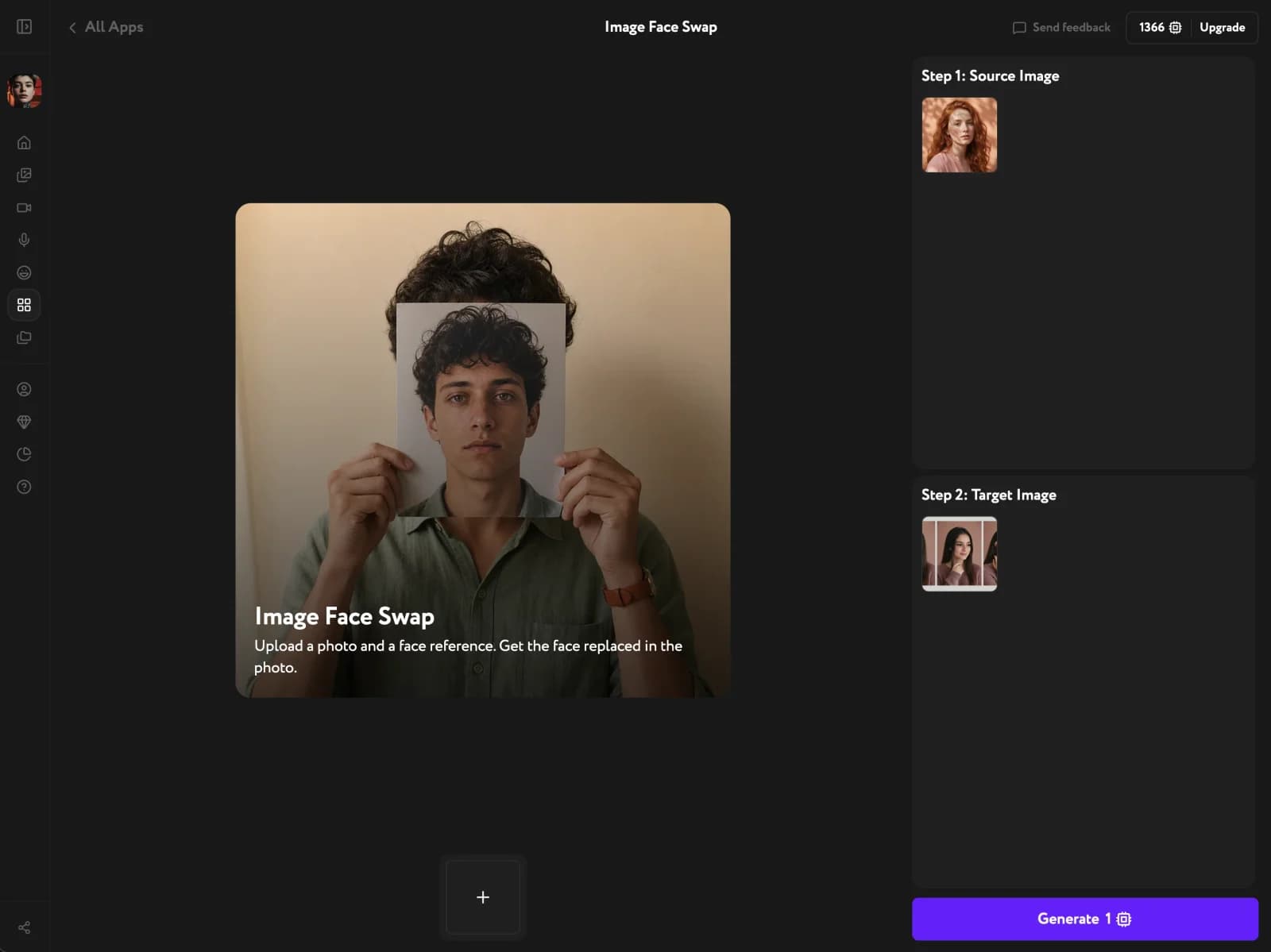 Image Face Swap interface — a source face in Step 1 and a target portrait in Step 2