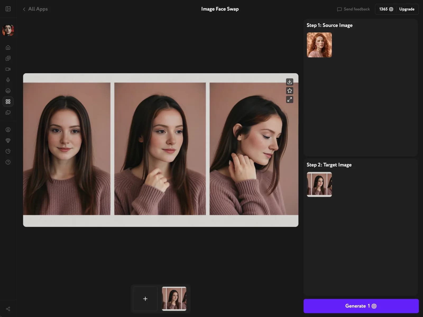 Generated face-swap result in Image Face Swap across three poses, with download and save actions