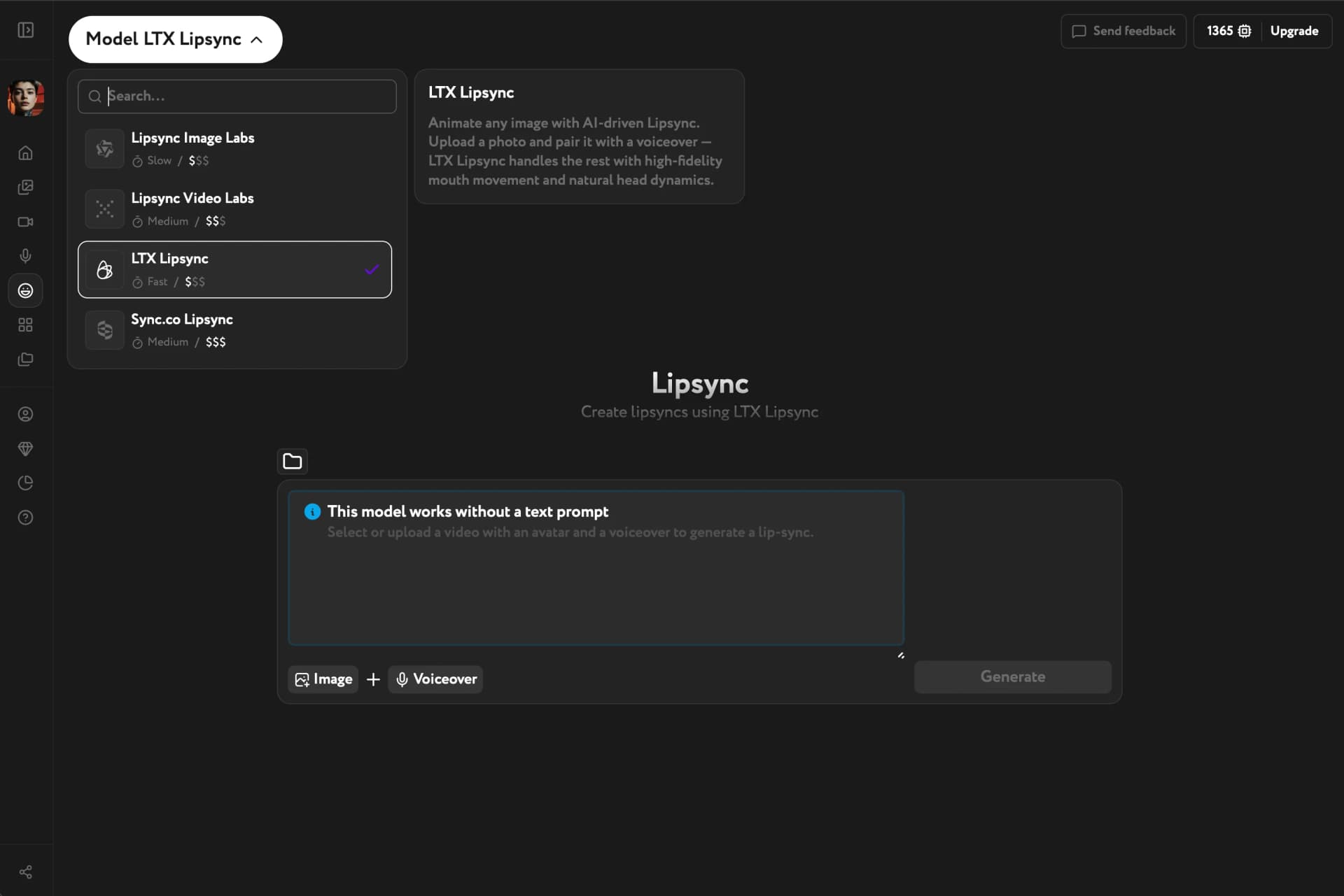 Lipsync model selector open — showing Lipsync Image Labs, Lipsync Video Labs, LTX Lipsync selected, and Sync.co Lipsync, with the LTX Lipsync description panel and Image plus Voiceover input controls