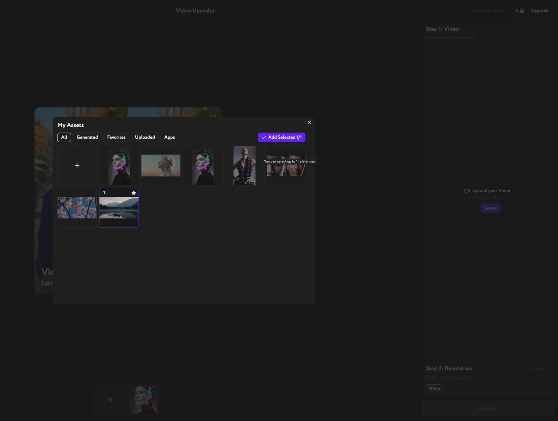 My Assets panel open in Video Upscaler — selecting a clip to upscale