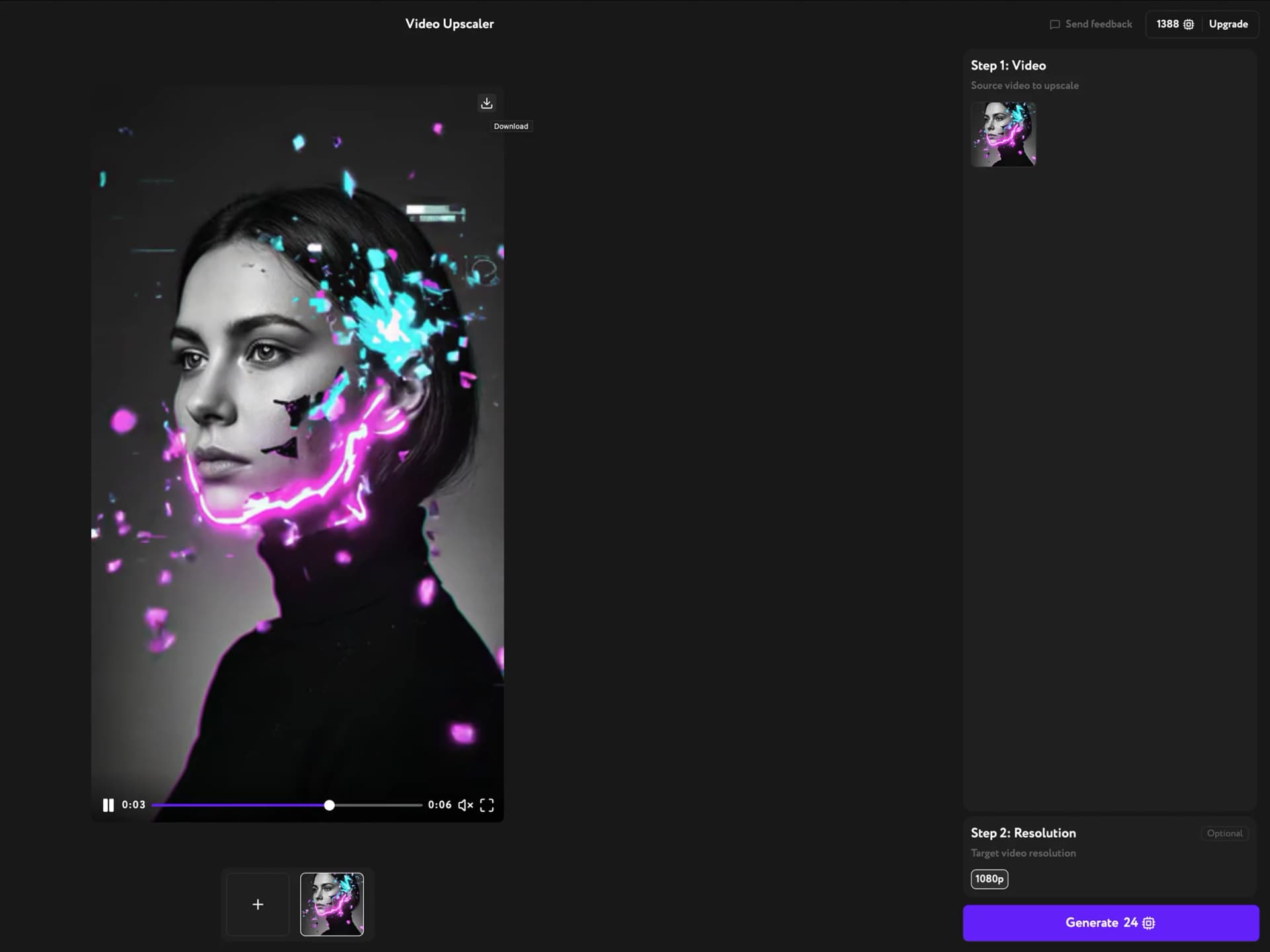 Upscaled result playing in Video Upscaler — download control visible above the player