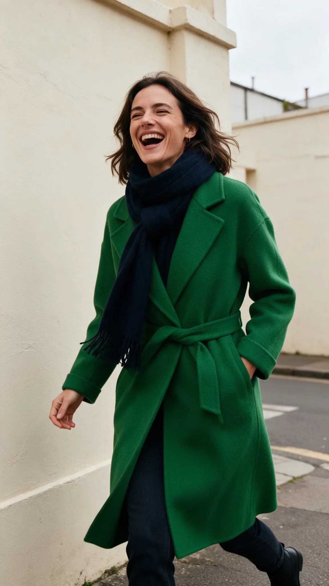 Laughing Stride in Green Coat