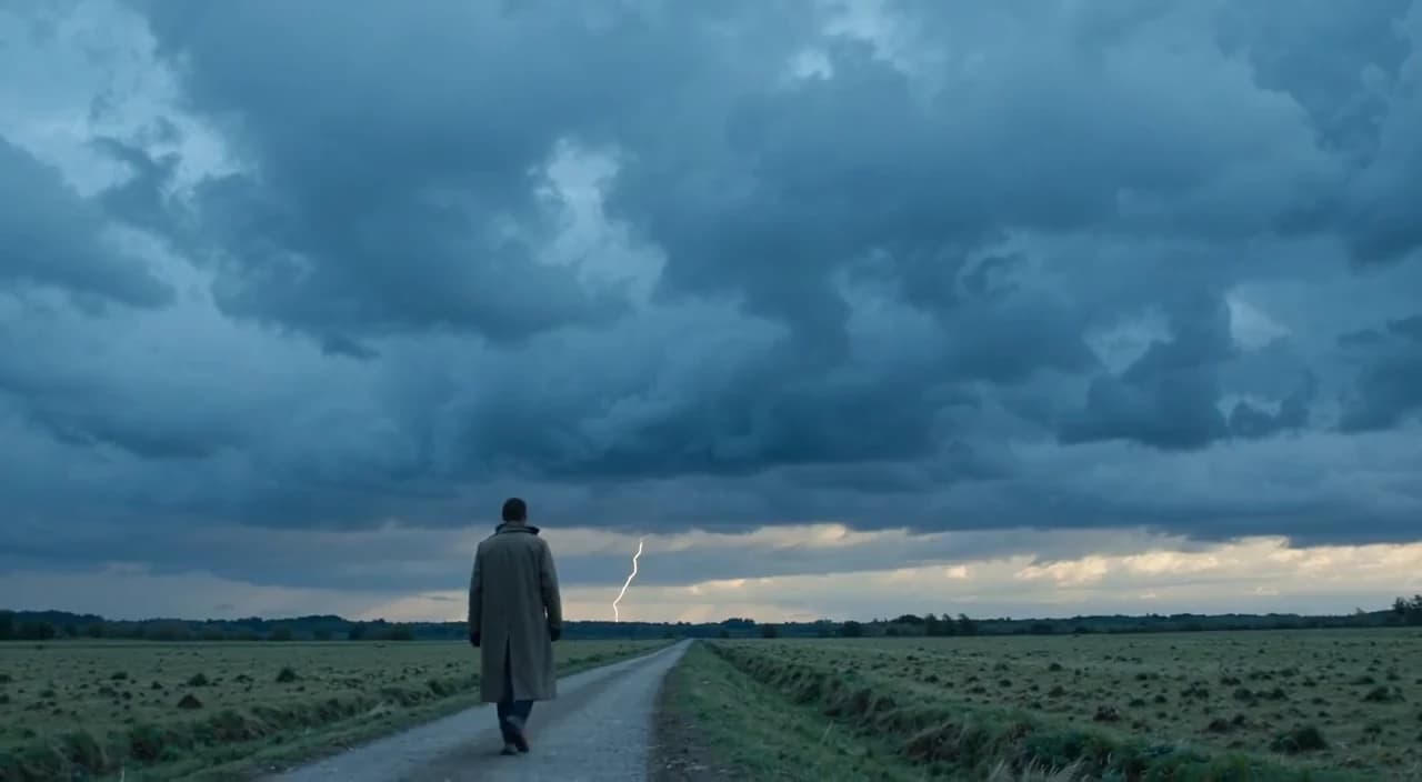 Lone Walker Under Storm Sky