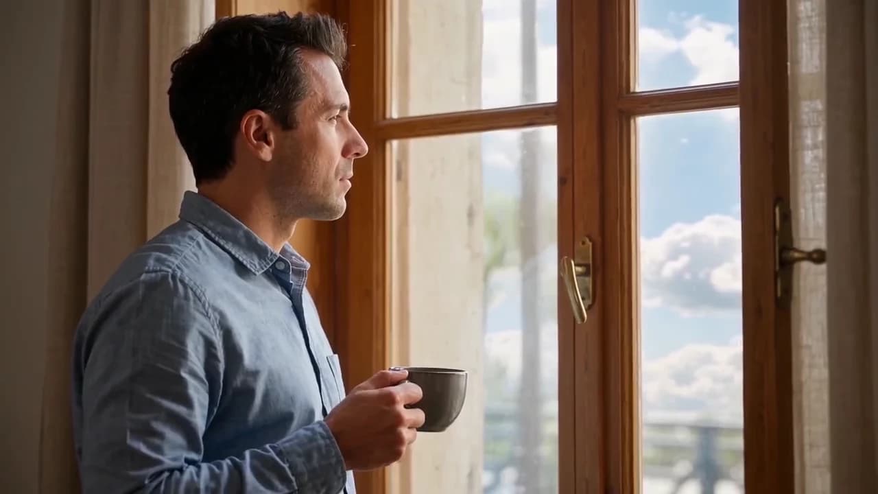 Man Lifting Cup at Window