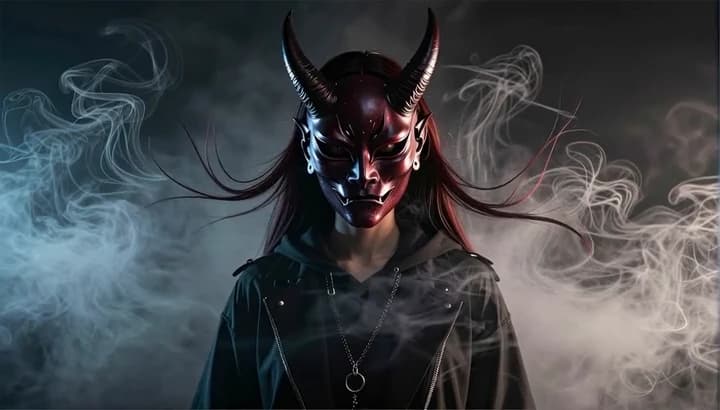 Oni Mask In Swirling Smoke