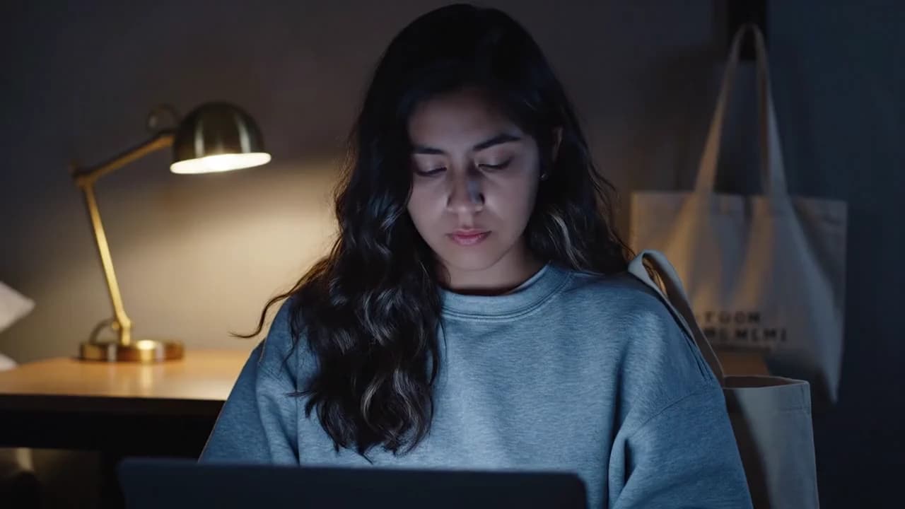Student in Laptop Glow at Night