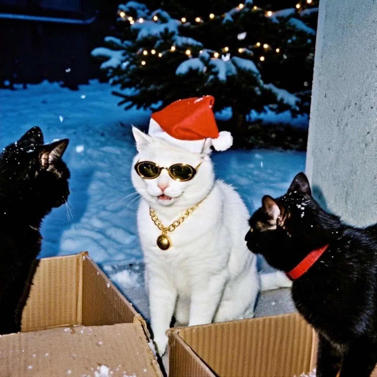 Three Cats In Falling Snow