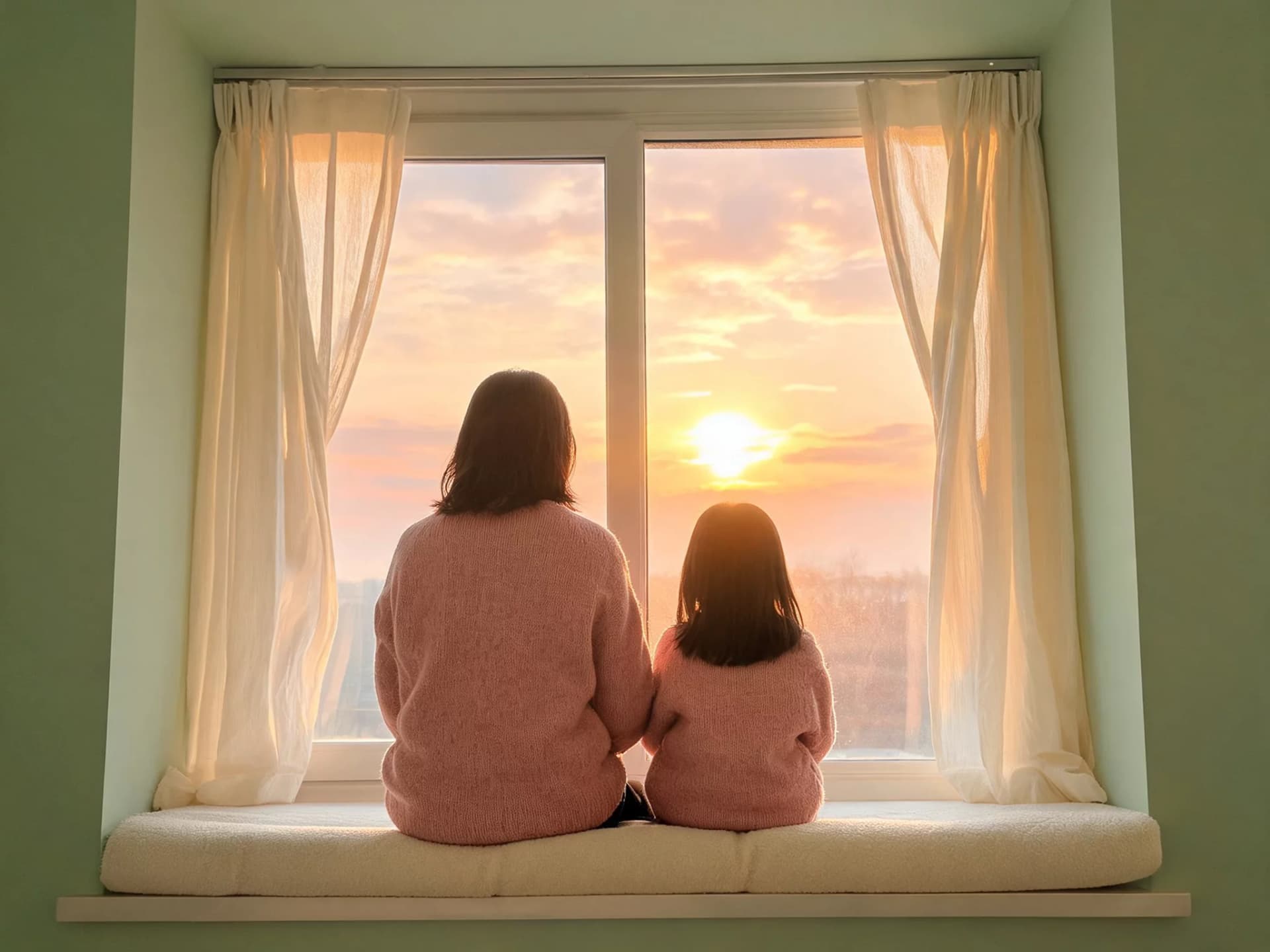 Two Figures at Sunset Window